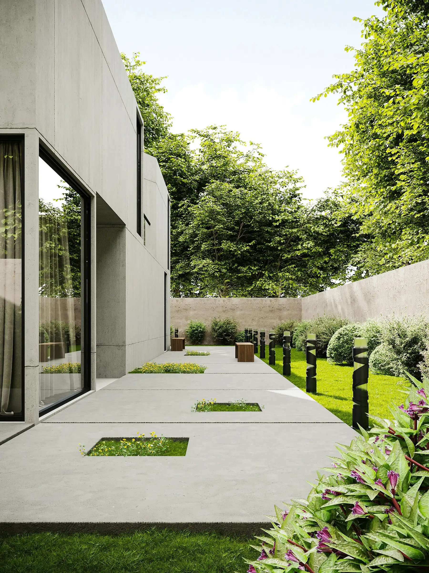 A rendered garden beside a concrete house: paving with lawn strips, low hedges and bollard lights