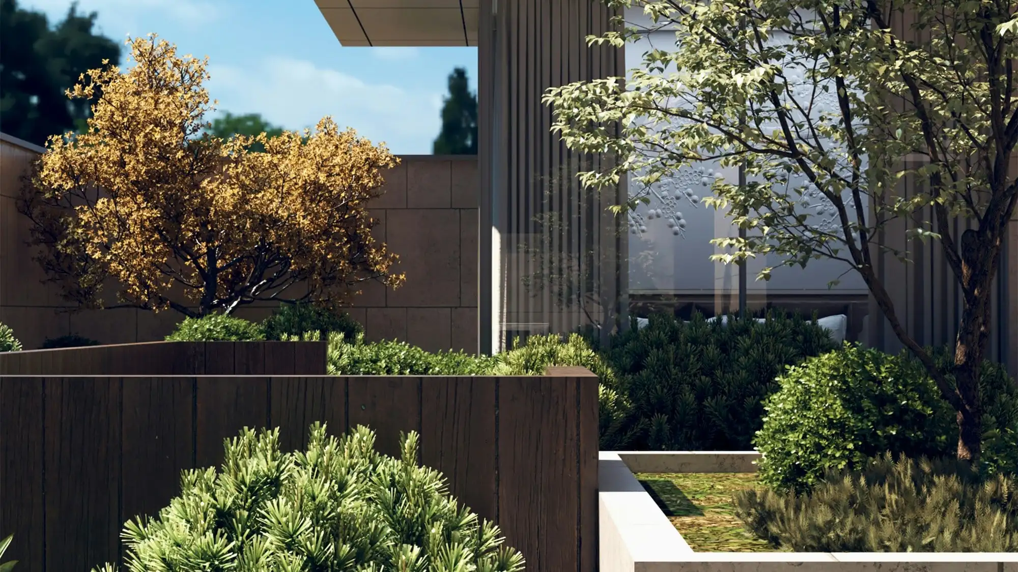 A rendered front garden of a new house: low clipped shrubs in timber-faced raised beds, a young tree behind